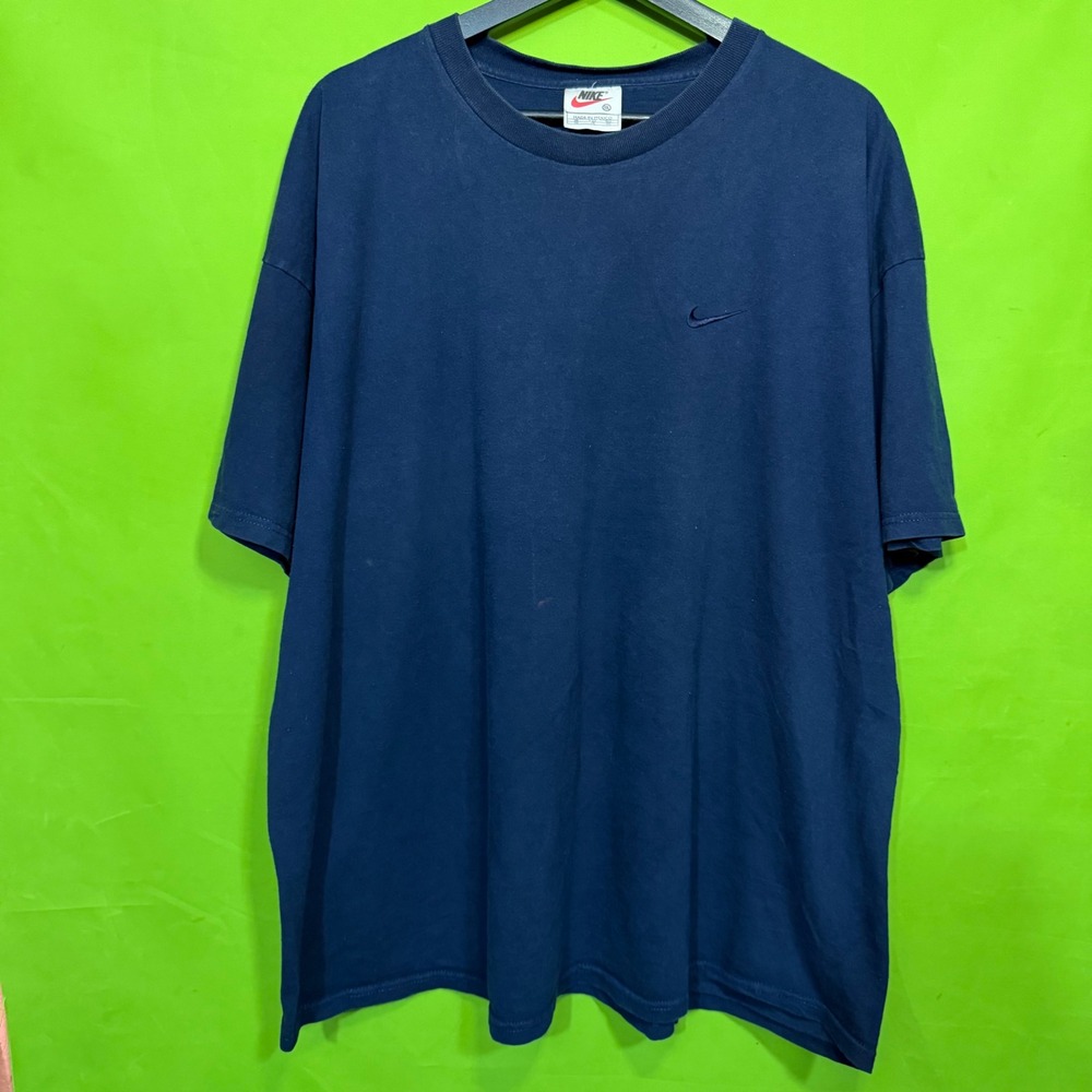 Nike Mens XXL Navy Blue Short Sleeve Embroidered Swoosh 90s Shirt Vintage Style